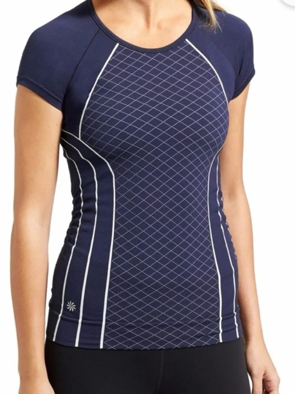 Athleta Finish Fast Line Tee, navy with contrast white side striping.